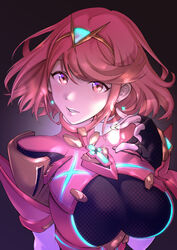  absurdres black_gloves breasts chest_jewel earrings female fingerless_gloves gem gloves headpiece highres jewelry large_breasts pyra_(xenoblade) red_eyes red_hair short_hair solo swept_bangs tiara ug333333 xenoblade_chronicles_(series) xenoblade_chronicles_2 