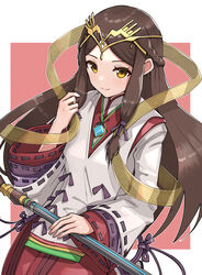  absurdres breasts brown_hair chest_jewel circlet fan_la_norne female gonzarez hagoromo highres hime_cut japanese_clothes jewelry long_hair necklace shawl simple_background small_breasts smile solo staff weapon xenoblade_chronicles_(series) xenoblade_chronicles_2 xenoblade_chronicles_2:_torna_-_the_golden_country yellow_eyes 