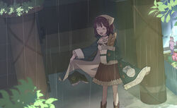  2girls :d atelier_(series) atelier_sophie bag baguette blush book bookmark bread brown_hair closed_eyes collared_coat commentary_request door flower food furrowed_brow head_scarf jacket jewelry kuromame_(honey_728) long_coat multiple_girls necklace open_book open_mouth outdoors plachta plant rain shirt skirt sleeves_past_wrists smile sophie_neuenmuller standing 