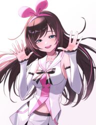  aqua_eyes bow breasts brown_hair buttons collarbone cowboy_shot detached_sleeves double-breasted female hairbow hands_up highres idol kizuna_ai kizuna_ai_inc. lace_trim long_hair looking_at_viewer medium_breasts midriff_peek miniskirt multicolored_hair navel open_mouth sailor_collar shimizu_tomoki sideboob simple_background skirt sleeves_past_wrists smile solo streaked_hair swept_bangs virtual_youtuber white_background 