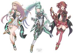  3girls absurdres bare_shoulders black_gloves blonde_hair breasts chascoby chest_jewel cleavage cleavage_cutout clothing_cutout dress earrings fingerless_gloves gloves green_eyes green_hair high_heels highres jewelry large_breasts long_hair multiple_girls mythra_(xenoblade) pneuma_(xenoblade) ponytail pyra_(xenoblade) red_eyes red_hair red_shorts short_dress short_hair short_shorts shorts swept_bangs tiara very_long_hair white_dress white_gloves xenoblade_chronicles_(series) xenoblade_chronicles_2 yellow_eyes 