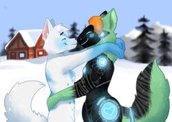  anthro arctic_fox blue_blush blue_body blue_fur blush cabin canid canine duo fox fur green_body green_fur hair hi_res kissing machine male male/male mammal nuzzling orange_hair outside plant protogen quinn_the_fox saidarks snow spearmint_(protogen) tree true_fox 