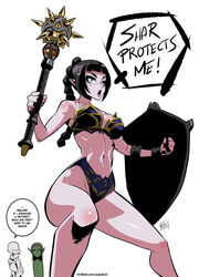  ! 2girls armor baldur&#039;s_gate baldur&#039;s_gate_3 bikini_armor black_hair blunt_bangs breasts colored_skin commentary dungeons_&amp;_dragons english_commentary english_text feet_out_of_frame gith_(dungeons_&amp;_dragons) green_eyes green_skin highres holding holding_mace holding_shield kukuruyo lae&#039;zel mace medium_breasts multiple_girls navel open_mouth patreon_username pointy_ears shadowheart_(baldur&#039;s_gate) shield simple_background speech_bubble spiked_mace spikes teeth tongue watermark weapon white_background 