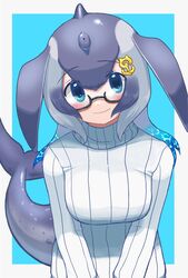  blowhole blue_hair blue_whale_(kemono_friends) blush cetacean_tail commentary_request eko_enaaaa female fish_tail grey_hair highres kemono_friends long_hair long_sleeves looking_at_viewer multicolored_hair semi-rimless_eyewear smile solo sweater tail turtleneck turtleneck_sweater whale_girl white_hair white_sweater 