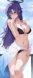  absurdres against_railing alternate_costume bikini bikini_tug black_bikini blue_archive blush breasts cleavage collarbone commentary feet_out_of_frame female halo halterneck hand_to_own_mouth head_tilt highres large_breasts looking_at_viewer mechanical_halo navel ponytail purple_eyes purple_hair railing rosumerii sarong see-through see-through_sarong solo star_(symbol) star_sticker sticker_on_face stomach string_bikini string_pull swimsuit thighs yuuka_(blue_archive) 