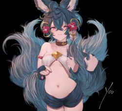  absurdres animal_ears bare_shoulders betabeet black_background black_shorts blue_hair blush breasts bridal_gauntlets closed_mouth collar erune female fox_ears fox_girl fox_tail granblue_fantasy hair_between_eyes hair_ornament highres large_tail looking_at_viewer multiple_tails navel red_eyes short_hair short_shorts shorts simple_background small_breasts solo_focus tail you_(granblue_fantasy) 