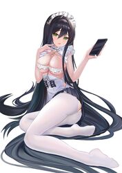  absurdly_long_hair absurdres ass_cutout azur_lane black_hair black_skirt breasts cellphone choker clothing_cutout crotchless crotchless_pantyhose female frilled_choker frills fuying_sanbing green_eyes highres holding holding_phone indomitable_(azur_lane) indomitable_(ms._motivationless_maid)_(azur_lane) large_breasts long_hair maid maid_headdress miniskirt official_alternate_costume pantyhose phone pleated_skirt simple_background skirt smartphone solo very_long_hair white_background white_pantyhose 