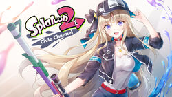  :d baseball_cap belt black_jacket black_ribbon blonde_hair blush breasts character_name choker civia clothes_writing collarbone commentary_request copyright_name english_text female gun hat head_tilt highres hololive hololive_china jacket jewelry kebin_no_shio_amaou logo long_hair looking_at_viewer medium_breasts necklace open_mouth paint purple_eyes ribbon rifle scope shirt smile solo splat_charger_(splatoon) splatoon_(series) splatoon_2 star_(symbol) star_necklace star_print very_long_hair virtual_youtuber weapon white_shirt 