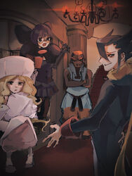  2boys 2girls black_legwear blonde_hair blunt_bangs book buttons caitlin_(pokemon) carpet chandelier crossed_arms dark-skinned_male dark_skin dougi dress from_behind full_body green_eyes grimsley_(pokemon) hat highres holding holding_book holding_pen holding_pillow long_hair long_sleeves looking_at_viewer marshal_(pokemon) minamoto1209 multiple_boys multiple_girls open_mouth orange_hair outstretched_arm pantyhose pen pillar pillow pink_dress pink_footwear pleated_skirt pokemon pokemon_bw purple_eyes purple_hair purple_vest scarf shauntal_(pokemon) short_hair sitting skirt sleeve_cuffs sleeveless slippers stairs standing tareme thick_eyebrows tsurime uniform very_long_hair vest white_headwear yellow_scarf 