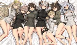  6+girls absurdres ahoge arknights ass_visible_through_thighs bare_legs barefoot black_eyes blush breasts bright_pupils brown_eyes brown_hair commentary covered_nipples demon_horns dragon_horns dress earrings feather_hair glasses grey_hair head_wings highres horns hug ifrit_(arknights) infection_monitor_(arknights) jewelry light_brown_hair lying magallan_(arknights) material_growth mayer_(arknights) medium_breasts muelsyse_(arknights) multicolored_hair multiple_girls on_back on_side orange_eyes oripathy_lesion_(arknights) owl_ears pointy_ears ptilopsis_(arknights) ribbed_dress ribbed_shirt ribbed_sweater saria_(arknights) shirt short_hair short_twintails sidelocks sigm@ silence_(arknights) single_earring small_breasts smile streaked_hair sweater symbol-only_commentary tail thick_thighs thighs twintails white_pupils wings 