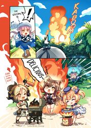  4girls alternate_costume animal_ears arknights barbecue bear_ears blonde_hair brown_hair cat_ears ceylon_(arknights) commentary corndog demon_horns english_text fire food grill grilling gummy_(arknights) horns ifrit_(arknights) kebab multiple_girls one_eye_closed originium_slug_(arknights) phandit_thirathon pink_hair pot propane_tank skyfire_(arknights) speech_bubble 