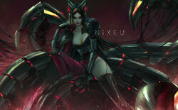  absurdly_long_hair ahri_(league_of_legends) alternate_costume alternate_hairstyle artist_name black_hair blonde_hair breasts cleavage collarbone commentary cyborg english_commentary expressionless female film_grain hand_on_own_cheek hand_on_own_face hand_up latex latex_legwear league_of_legends long_hair looking_at_viewer mechanical_arms mechanical_ears mechanical_legs mechanical_parts mechanical_tail medium_breasts messy_hair mixed-language_commentary mole mole_above_mouth mole_on_breast multicolored_hair multiple_tails nixeu prosthesis single_mechanical_leg single_thighhigh sitting solo streaked_hair tail thighhighs very_long_hair zettai_ryouiki 