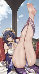  armlet ass bare_legs bare_shoulders barefoot black_hairband blue_eyes blue_hair blue_sky blunt_bangs blush breasts brooch candace_(genshin_impact) cleavage cloud commentary_request dark-skinned_female dark_skin detached_sleeves dirty dirty_feet egyptian egyptian_clothes eye_of_horus feet female genshin_impact hair_ornament hairband halterneck heterochromia highres jewelry large_breasts leaning_back legs legs_up looking_at_viewer neck_ring paid_reward_available parted_lips pelvic_curtain sidelocks sitting sky soles solo toes twintails wd_(1106592840) yellow_eyes 