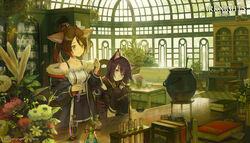  2girls absurdres alchemy animal_ear_fluff animal_ears apron arknights armband bare_shoulders black_dress black_gloves black_jacket black_legwear blue_apron blue_jacket blue_ribbon book bottle brown_eyes brown_hair cat_ears cauldron chair chemistry_set choker commentary conservatory copyright_name couch cupboard cushion dress dropper expressionless fingerless_gloves flower fox_ears fur-trimmed_jacket fur_jacket fur_trim gloves hair_ornament hair_ribbon handkerchief hands_on_own_knees highres hihara_you holding holding_bottle indoors jacket knee_up laboratory long_hair long_sleeves looking_afar looking_at_object melantha_(arknights) multicolored_hair multiple_girls own_hands_together parted_lips perfumer_(arknights) plant ponytail potion potted_plant purple_armband purple_dress red_eyes ribbon scales sitting smile table test_tube thighhighs two-tone_dress two-tone_hair vial waist_apron white_dress white_fur window 