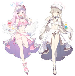  2girls ainy alternate_costume alternate_hairstyle angel_wings beret bikini blue_archive braid breasts brown_eyes brown_hair cleavage closed_mouth collarbone commentary commentary_request full_body halo hat korean_commentary long_braid long_hair looking_at_viewer medium_breasts mika_(blue_archive) multiple_girls nagisa_(blue_archive) open_mouth parfait pink_hair ponytail swimsuit tray twin_braids visor_cap white_background wings 