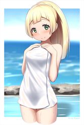  arisu_kazumi artist_name bare_shoulders blonde_hair blue_sky blunt_bangs blurry blurry_background blush border braid breasts collarbone commentary_request cropped_legs day female green_eyes hands_on_own_chest high_ponytail lillie_(pokemon) long_hair looking_at_viewer naked_towel ocean onsen outdoors pokemon pokemon_sm ponytail_with_braided_base shadow sidelocks sky small_breasts smile solo standing towel wading water wet white_border 