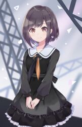  black_dress black_neckerchief black_ribbon black_shirt blurry blurry_background blush braid brown_eyes brown_hair closed_mouth collarbone commentary dress female hair_ribbon heart highres ixia_(ixia424) long_sleeves looking_at_viewer neckerchief orange_neckerchief outdoors pleated_dress project_sekai ribbon sailor_collar shinonome_ena shirt short_hair sidelocks smile solo truss two-tone_neckerchief v_arms white_sailor_collar 