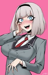  anna_nishikinomiya black_choker black_hairband blazer blue_eyes blush breasts bright_pupils choker collared_shirt fangs female grey_jacket hairband hand_on_own_face heart heart-shaped_pupils j.k. jacket looking_at_viewer medium_breasts necktie open_mouth pink_background red_necktie school_uniform shimoneta_to_iu_gainen_ga_sonzai_shinai_taikutsu_na_sekai shirt short_hair solo symbol-shaped_pupils tongue white_pupils white_shirt 