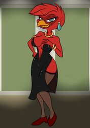  2020 4_fingers anthro avian beak big_breasts bird breasts cardinal_(bird) cleavage clothed clothing curvy_figure digital_media_(artwork) disney dress ducktales ducktales_(2017) ear_piercing ear_ring feathers female fingers full-length_portrait hand_on_hip hi_res joykill legwear looking_at_viewer mismatched_sexual_dimorphism navel non-mammal_breasts oscine passerine piercing portrait red_body red_feather_(ducktales) red_feathers ring_piercing secret_agent shaded skimpy smile smirk solo spy stockings thick_thighs wide_hips yellow_beak 