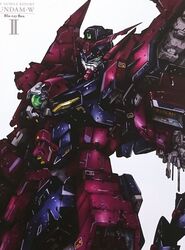  copyright_name damaged exposed_internal_machinery green_eyes gundam gundam_epyon gundam_wing looking_down mecha no_humans official_art robot science_fiction solo teraoka_iwao v-fin white_background 