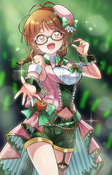  81_(mellowry) akizuki_ritsuko antenna_hair armband ascot belly_chain belt black-framed_eyewear black_belt blurry blurry_background blush bow braid breasts brown_eyes brown_hair buckle cleavage collar cowboy_shot detached_collar dot_nose dress_bow female frilled_wrist_cuffs frills garter_straps glasses glowstick green_ascot green_bow green_ribbons green_shorts green_wrist_cuffs grey_thighhighs hair_tie hands_up hat hat_ornament hat_ribbon heart heart_hat_ornament highres idolmaster idolmaster_(classic) idolmaster_million_live! idolmaster_million_live!_theater_days jewelry large_breasts looking_at_viewer midriff navel offering_hand open_hand open_mouth pink_hat pink_shirt reaching reaching_towards_viewer ribbon semi-rimless_eyewear shirt short_hair shorts single_thighhigh sleeveless sleeveless_shirt smile solo sparkle standing striped_clothes striped_shirt sweat thighhighs twin_braids twintails under-rim_eyewear underbust white_armband white_collar wrist_cuffs 