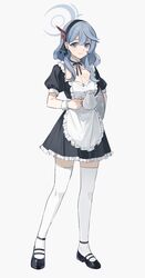  absurdres ako_(blue_archive) alternate_costume apron black_dress black_footwear black_hairband blue_archive blue_eyes blue_hair breasts cjsdh1000 cleavage closed_mouth dress ear_piercing enmaided female frills full_body grey_background hairband halo highres looking_at_viewer maid piercing puffy_short_sleeves puffy_sleeves shoes short_sleeves simple_background solo standing thighhighs white_thighhighs 