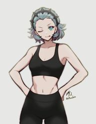  bare_shoulders black_hairband blue_eyes breasts commission crop_top female fire_emblem fire_emblem_fates hair_slicked_back hairband highres looking_at_viewer medium_breasts navel one_eye_closed rotomdocs solo sophie_(fire_emblem) sportswear 