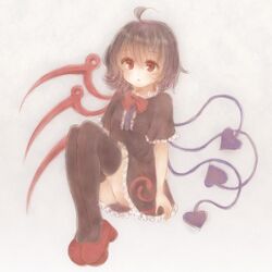  ahoge arms_at_sides asymmetrical_wings bebitera black_dress black_hair black_thighhighs bow bowtie breasts brown_eyes buttons dress female frilled_dress frilled_sleeves frills houjuu_nue invisible_chair looking_at_viewer multiple_tails nue_day parted_lips red_bow red_bowtie red_footwear shoes short_hair simple_background sitting small_breasts solo tail thighhighs thighs touhou white_background wings zettai_ryouiki 