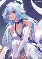  azur_lane bare_shoulders blue_hair breasts cleavage closed_mouth collarbone constellation_(azur_lane) dress elbow_gloves female gloves headgear highres karkovb152 large_breasts long_bangs long_hair looking_at_viewer night night_sky purple_eyes short_dress signature single_glove sky smile solo star_(sky) starry_sky thighhighs white_dress white_gloves white_thighhighs 