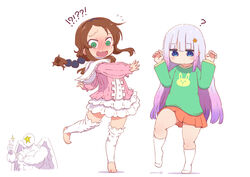  !? 2girls ? alternate_hairstyle bad_id bad_pixiv_id blue_eyes blush brown_hair closed_mouth cosplay costume_switch dated dot_mouth dress embarrassed gradient_hair green_eyes green_shirt hair_down highres kanna_kamui kanna_kamui_(cosplay) kobayashi-san_chi_no_maidragon long_sleeves miniskirt multicolored_hair multiple_girls open_mouth orange_skirt pink_dress pleated_skirt purple_hair saikawa_riko saikawa_riko_(cosplay) shirt simple_background skirt socks standing standing_on_one_leg stirrup_legwear tabayan_jigokuhen thick_thighs thighhighs thighs toeless_legwear twintails white_background white_hair white_socks white_thighhighs 