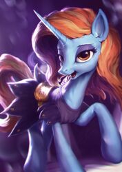  2015 assasinmonkey brown_eyes clothing depth_of_field digital_media_(artwork) digital_painting_(artwork) dress equid equine eyeshadow female feral friendship_is_magic full-length_portrait hair hasbro hi_res horn looking_at_viewer makeup mammal my_little_pony mythological_creature mythological_equine mythology orange_hair portrait sassy_saddles_(mlp) solo unicorn 