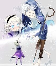  1boy blue_eyes crying elsa_(frozen) female frozen_(disney) jack_frost_(rise_of_the_guardians) lolicon rise_of_the_guardians snow snowflake snowflakes staff tears white_hair 