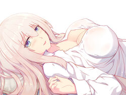  blue_eyes breasts collarbone commentary_request female grey_hair hair_between_eyes highres large_breasts lexington_(warship_girls_r) long_hair long_sleeves looking_at_viewer lying on_back open_mouth partially_unbuttoned shirt sidelocks solo upper_body warship_girls_r white_shirt xiao_shei.. 