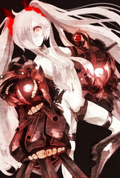  abyssal_ship bad_id bad_pixiv_id bare_shoulders cannon collarbone female glowing glowing_eyes grey_hair groin hair_over_one_eye kantai_collection long_hair navel pale_skin pink_eyes red_eyes solo southern_ocean_war_princess turret twintails very_long_hair weapon yuzumochi 