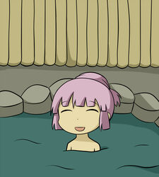  alternate_hairstyle bangs bathing blunt_bangs closed_eyes female hair_down happy onsen partially_submerged pink_hair rock rocks shiitake_nabe_tsukami solo water yoshikawa_chinatsu yuru_yuri 