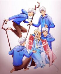  blue_eyes blush clone elsa_(frozen) female flying frozen_(disney) jack_frost_(rise_of_the_guardians) kneeling rise_of_the_guardians staff white_hair 