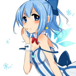  alternate_costume blue_bow blue_eyes blue_hair blue_nails blush body_blush bow bowtie breasts cirno cleavage commentary_request detached_collar earrings female hairbow highres ice ice_wings jewelry looking_at_viewer medium_breasts nail_polish negiko red_bow red_bowtie simple_background snowflakes solo star_(symbol) star_earrings strap_slip touhou white_background wings wrist_cuffs 