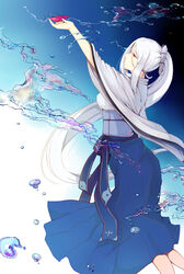  blue_hakama commentary_request cup female gradient_background hair_ornament hakama hakama_skirt highres holding holding_cup japanese_clothes kaga_(warship_girls_r) kimono long_hair obi ponytail sakazuki sash sidelocks skirt solo very_long_hair warship_girls_r white_hair white_kimono wide_sleeves xiao_shei.. 