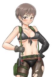  belt blush breasts brown_eyes brown_hair commentary_request cosplay female girls_und_panzer gloves highres knife large_breasts metal_gear_(series) metal_gear_solid_v:_the_phantom_pain naomi_(girls_und_panzer) navel pantyhose protected_link quiet_(metal_gear) quiet_(metal_gear)_(cosplay) short_hair solo solokov_(okb-999) sweatdrop torn_clothes torn_pantyhose very_short_hair 