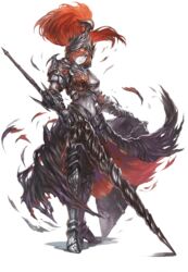  armor armored_boots boots breastplate corinne_(yoru_no_nai_kuni) covered_navel female full_body hair_over_one_eye helmet highres holding holding_polearm holding_weapon lance lion_head_(ornament) long_hair official_art pale_skin plume polearm red_hair rondel shield solo standing transparent_background warrior weapon yoru_no_nai_kuni yoshiku_(oden-usagi) 