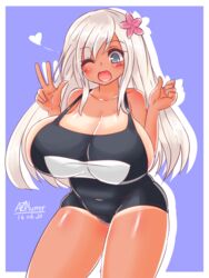  alternate_breast_size ayazumi_flutter black_eyes black_swimsuit blush breasts bursting_breasts cleavage collarbone female female flower hair_ornament huge_breasts kantai_collection long_hair looking_at_viewer open_mouth ro-500_(kantai_collection) school_swimsuit sideboob silver_hair simple_background solo standing swimsuit tan tanline v wink 