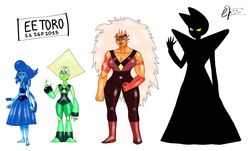  2015 absurd_res alien alien_humanoid cartoon_network dated diamond_(gem_species) eetoro_(artist) front_view frown gem_(species) group hair hi_res humanoid jasper_(gem_species) jasper_(steven_universe) lapis_lazuli_(gem_species) lapis_lazuli_(steven_universe) limb_enhancers long_hair lookbacktofour_(artist) looking_at_viewer not_furry peridot_(gem_species) peridot_(steven_universe) silhouette simple_background standing steven_universe white_background yellow_diamond_(steven_universe) 