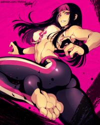  1girls abs alternate_costume ass bare_shoulders belly black_hair clenched_teeth crop_top curvy erect_nipples feet female female_focus female_only fighting_stance fingerless_gloves fingernails fishine human impossible_clothes juri_han leggings legs_up long_hair looking_at_viewer looking_back magenta_eyes magenta_hair martial_arts medium_breasts midriff nail_polish navel nipple_bulge no_shoes pink_hair pink_toenails sideboob sleeveless smile smiling solo sports_bra stomach straight street_fighter street_fighter_iv street_fighter_v tight_clothing toeless_legwear toenail_polish toes toned two_tone_hair yoga_pants 