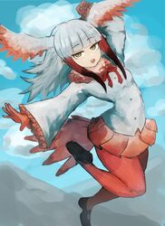  absurdres adeshi_(adeshi0693119) bird_tail bird_wings blunt_bangs breasts commentary empty_eyes feather-trimmed_sleeves female head_wings highres japanese_crested_ibis_(kemono_friends) kemono_friends long_hair long_sleeves looking_at_viewer pantyhose pleated_skirt red_pantyhose sidelocks skirt small_breasts solo tail tsurime white_hair wings yellow_eyes 