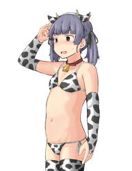  animal_ears animal_print bikini black_eyes black_ribbon bridal_gauntlets chagamaka commentary_request cow_ears cow_horns cow_print cow_print_bikini cowboy_shot fake_animal_ears fake_horns female flat_chest grey_hair hair_ribbon highres horns kantai_collection ooshio_(kancolle) print_bikini ribbon salute short_hair short_twintails side-tie_bikini_bottom simple_background solo standing swimsuit twintails white_background white_bikini 