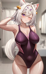  abpart absurdres animal_ears armpits bare_arms bare_shoulders bathroom blurry blurry_background blush breasts cleavage closed_mouth collarbone cowboy_shot english_commentary female filian_(vtuber) hair_ornament highres indie_virtual_youtuber indoors large_breasts leotard one_eye_closed purple_eyes purple_leotard sleeveless smile solo tail thighs virtual_youtuber white_hair 