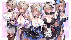  5girls absurdres alternate_costume arm_behind_head armpits bare_shoulders breasts cleavage closed_mouth collarbone commentary_request cosplay cowboy_shot dress enmaided flower gloves hair_flower hair_ornament hair_over_one_eye highres honkai_(series) honkai_impact_3rd large_breasts light_brown_hair looking_at_viewer maid mole mole_under_eye multiple_girls multiple_persona pink_eyes rita_rossweisse rita_rossweisse_(artemis) rita_rossweisse_(fallen_rosemary) rita_rossweisse_(phantom_iron) rita_rossweisse_(spina_astera) rita_rossweisse_(umbral_rose) ruo_zhishi_chu_jian sideboob simple_background smile thighhighs 