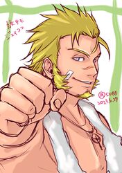  1boy absurdres bara blonde_hair clenched_hand facial_hair goatee highres incoming_fist_bump jacob_(housamo) large_pectorals long_sideburns looking_at_viewer male_focus mature_male muscular muscular_male pectorals safu_(maimai3737) scar scar_on_face scar_on_nose short_hair sideburns simple_background smile solo tokyo_afterschool_summoners towel towel_around_neck translation_request upper_body 