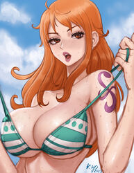  arm_tattoo bikini bikini_top_only breasts female green_bikini kyopink large_breasts long_nose nami_(one_piece) one_piece orange_eyes orange_hair shoulder_tattoo swimsuit tattoo 