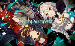  3girls blue_hair blue_jacket bow braid bronya_zaychik bronya_zaychik_(valkyrie_chariot) brown_gloves closed_mouth dress drill_hair gloves grey_eyes grey_hair hairbow headband highres honkai_(series) honkai_impact_3rd jacket kiana_kaslana kiana_kaslana_(valkyrie_ranger) long_sleeves looking_at_viewer meijin93 multiple_girls purple_eyes purple_hair raiden_mei raiden_mei_(valkyrie_bladestrike) red_dress short_sleeves smile twin_braids twin_drills white_hair white_jacket 